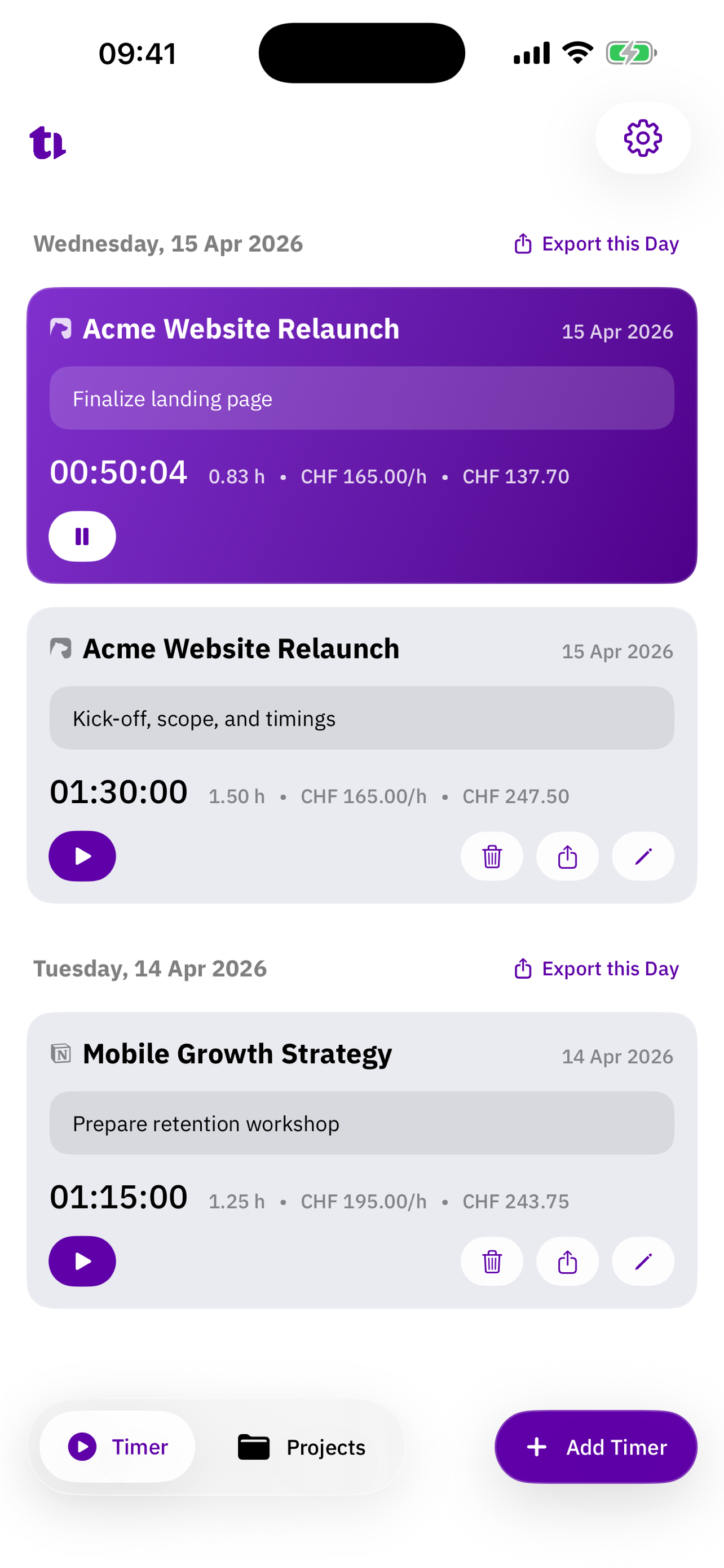 TrackDown on iPhone with a running timer
