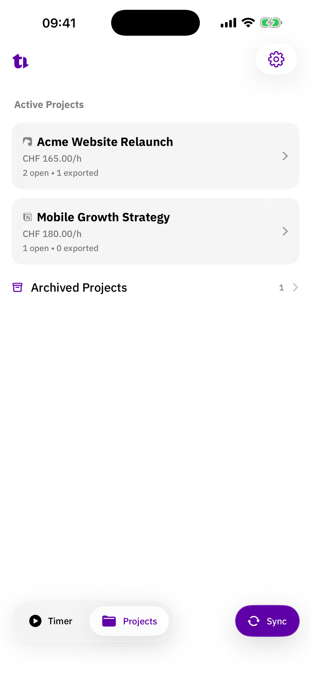 Projects overview with active and archived projects